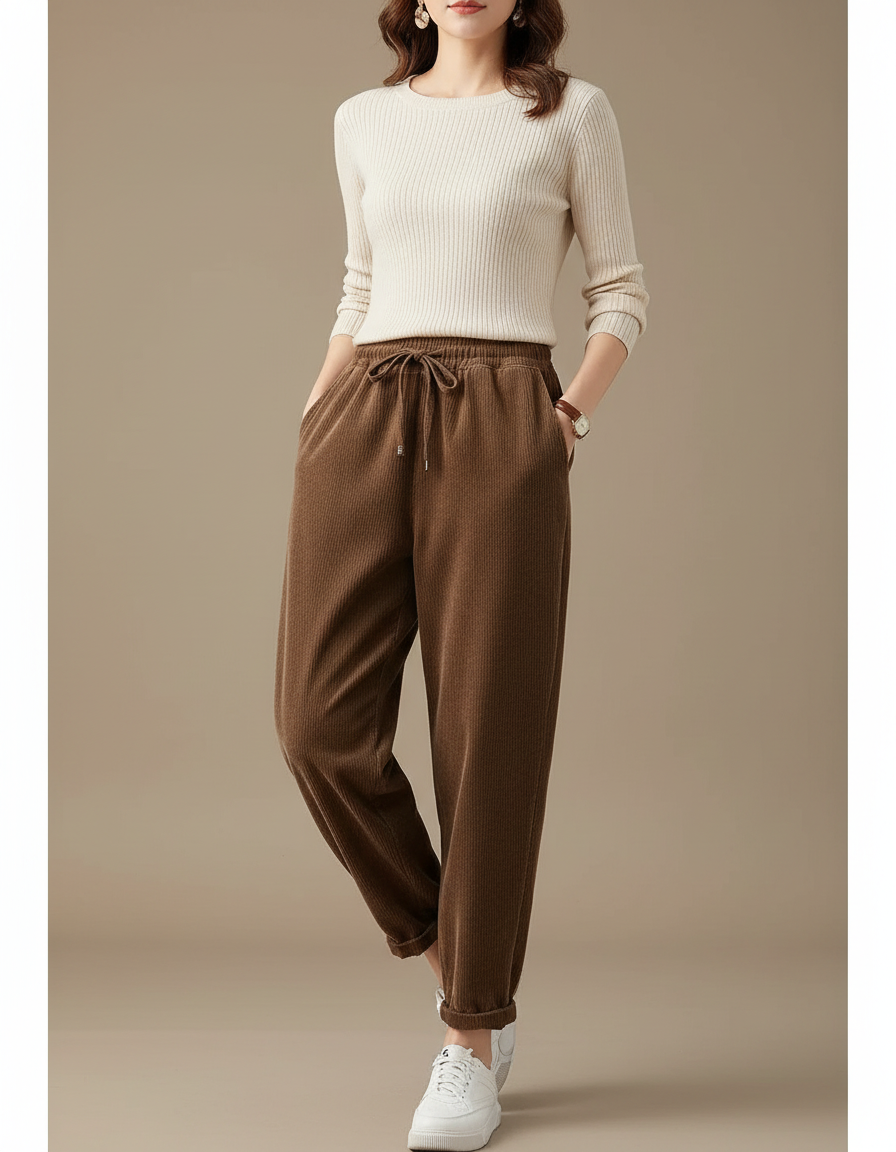 Pantalon Marron Velours Côtelé Ample Décontracté Hiver - Cordé