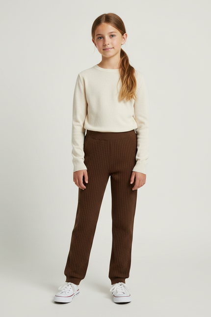 Pantalon Marron Côtelé Tricoté Confortable Fille - Maille