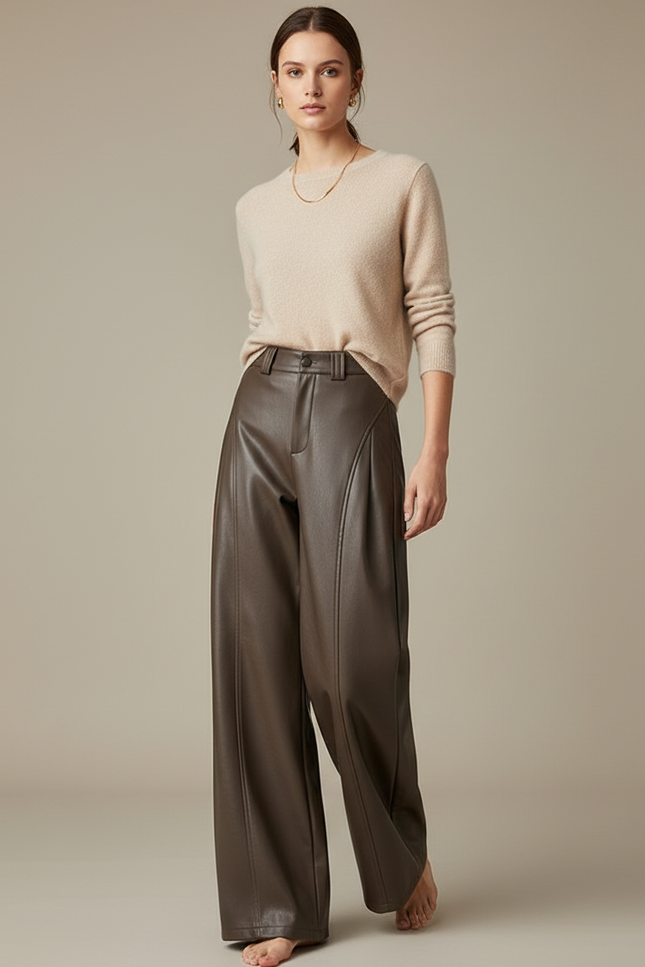 Pantalon Marron Cuir PU Ample Taille Haute Droit - Simili cuir