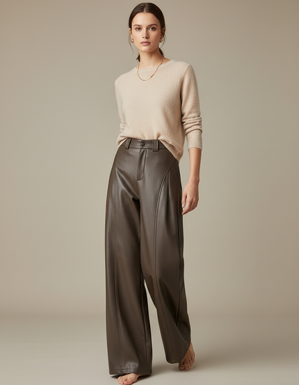 Pantalon Marron Cuir PU Ample Taille Haute Droit - Simili cuir