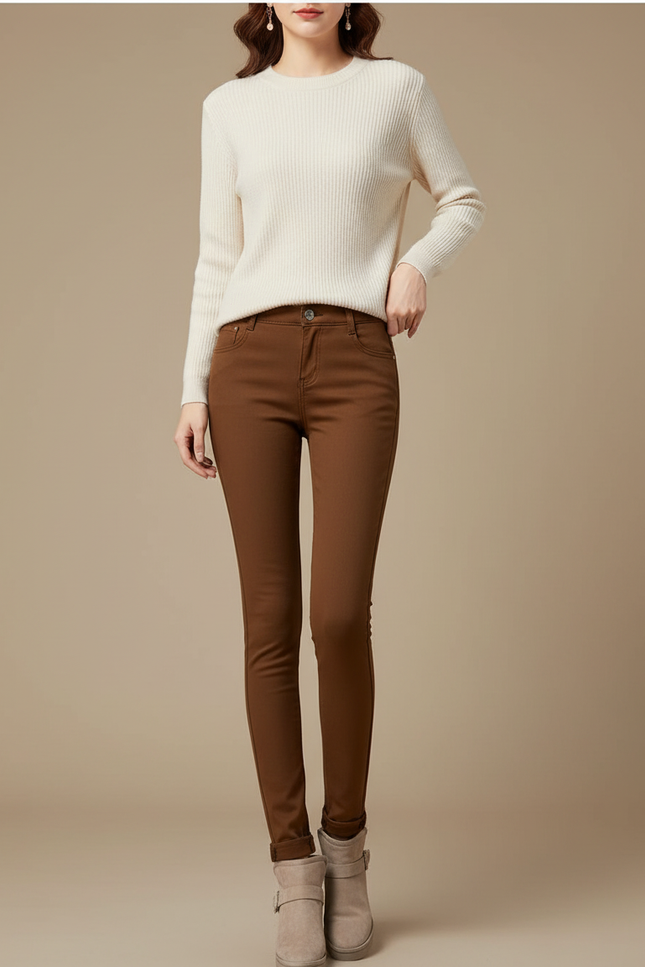 Pantalon Marron Skinny Taille Haute Élastique Femme - Gabardine