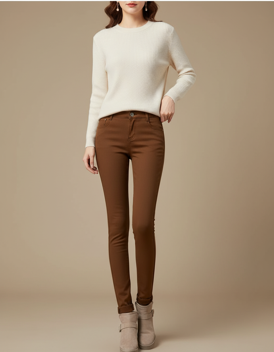 Pantalon Marron Skinny Taille Haute Élastique Femme - Gabardine