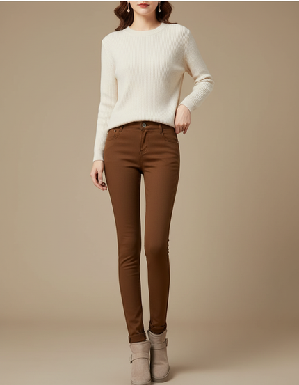 Pantalon Marron Skinny Taille Haute Élastique Femme - Gabardine