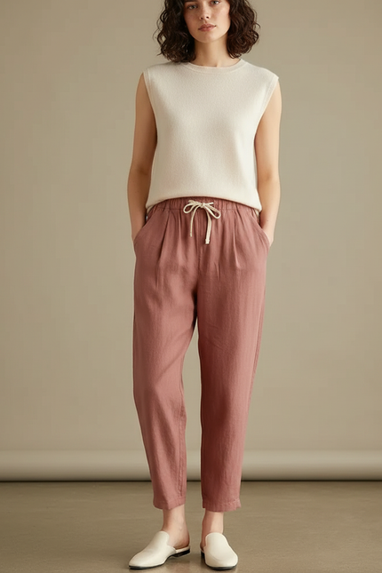 Pantalon Marron Lin Ample Décontracté Léger