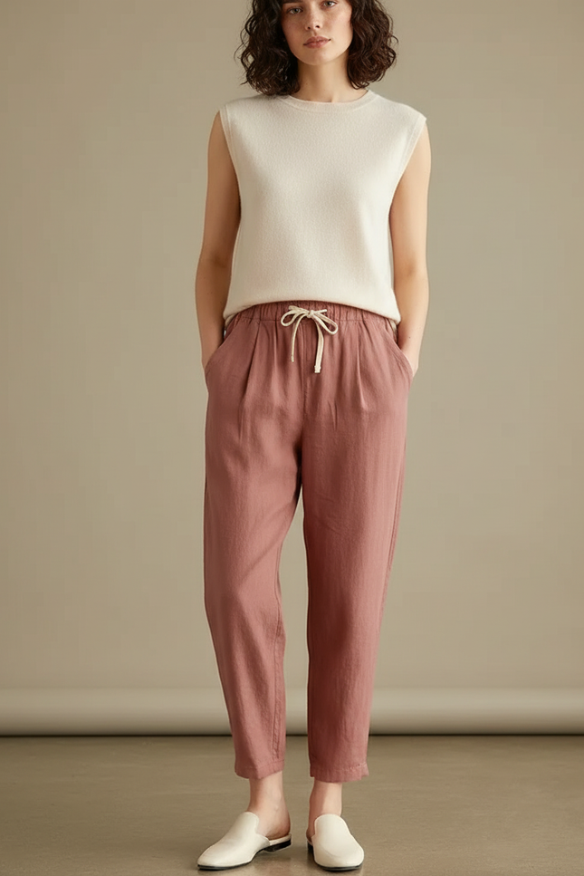 Pantalon Marron Lin Ample Décontracté Léger