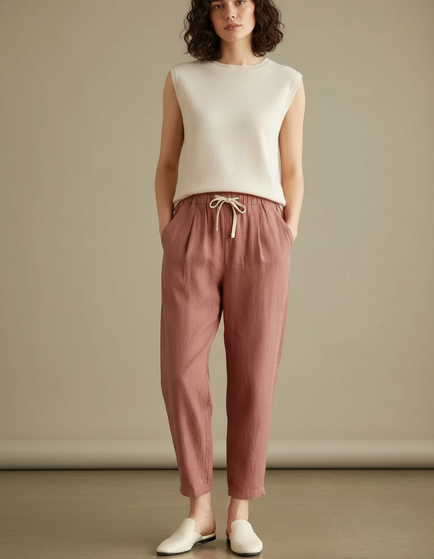 Pantalon Marron Lin Ample Décontracté Léger