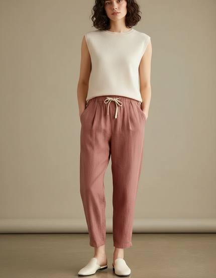Pantalon Marron Lin Ample Décontracté Léger