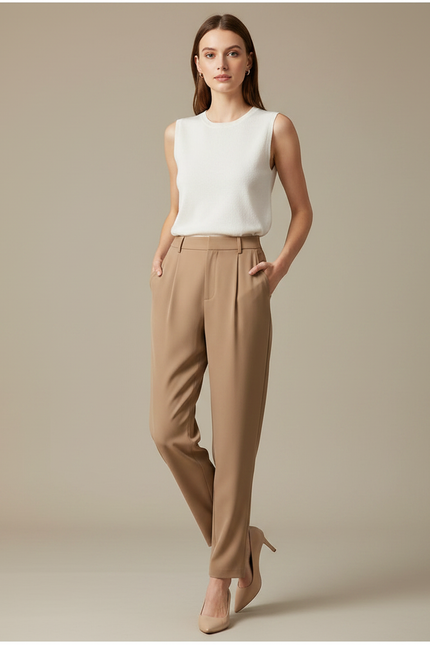 Pantalon Marron Droit Taille Haute Élégant Fluide Femme - Camel Polyester