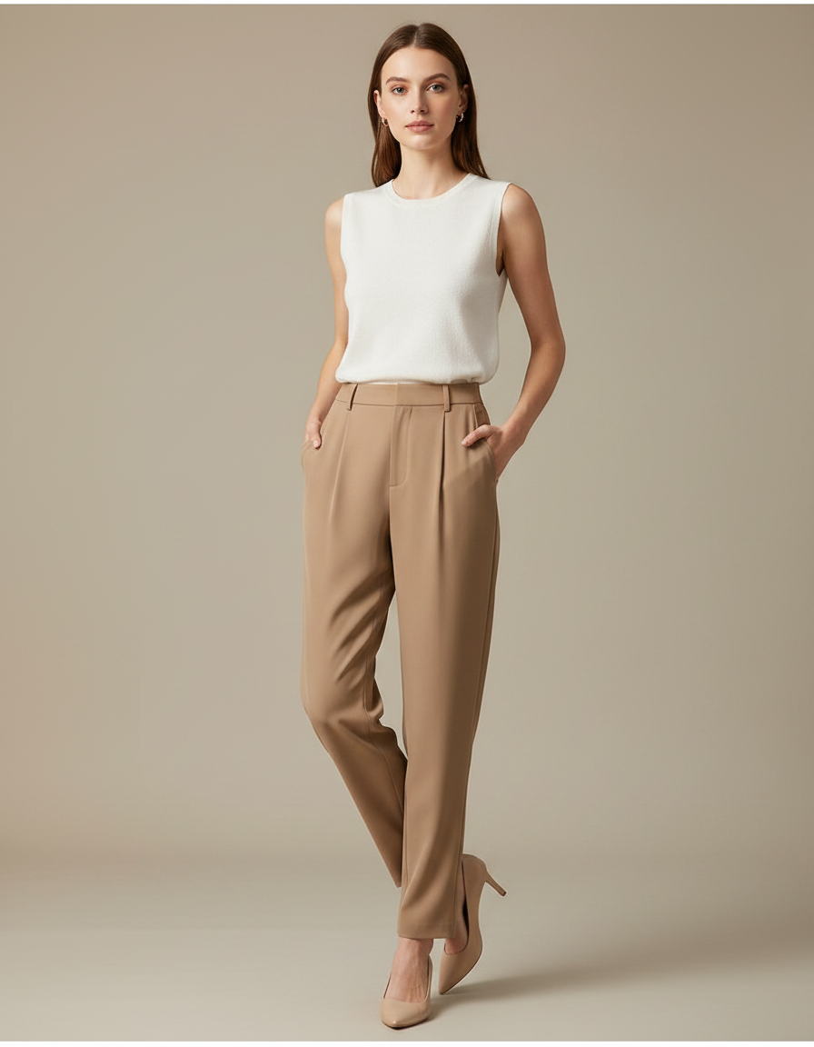 Pantalon Marron Droit Taille Haute Élégant Fluide Femme - Camel Polyester