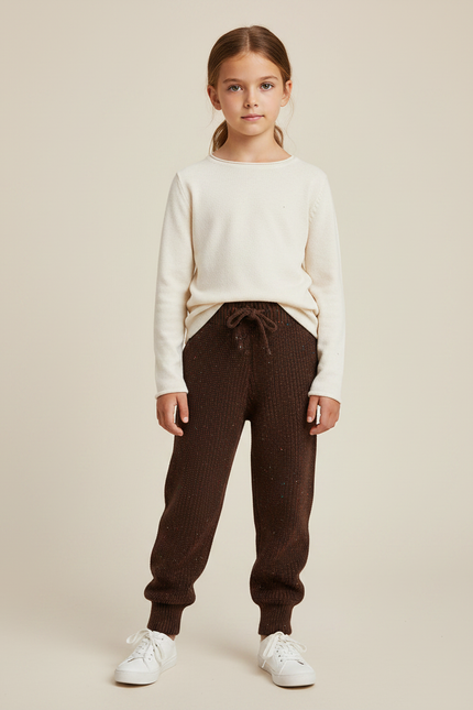Pantalon Marron Tricoté Chiné Confortable Élastique Enfant - Maille