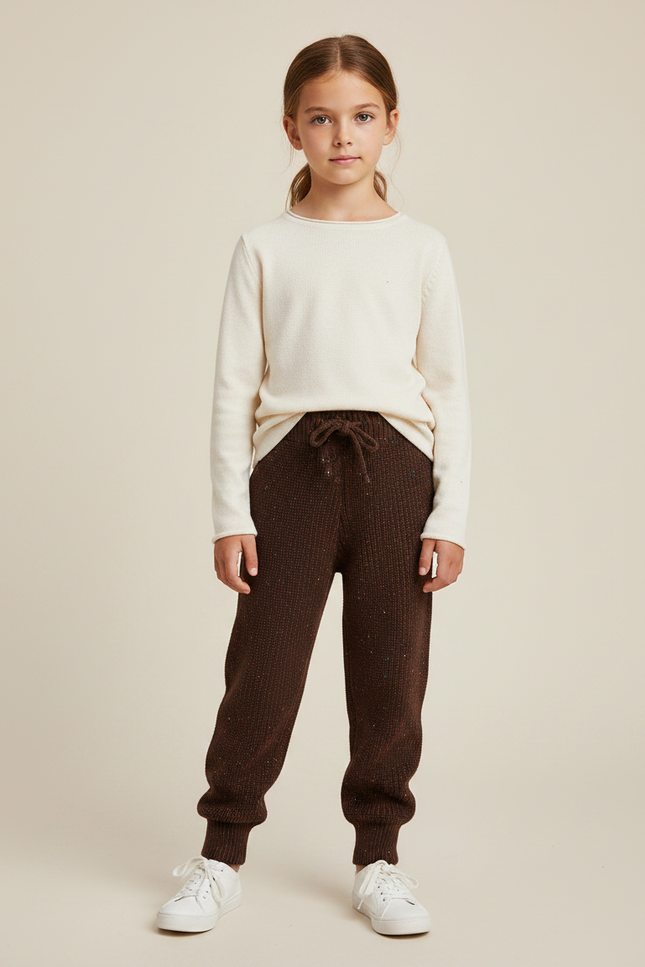 Pantalon Marron Tricoté Chiné Confortable Élastique Enfant - Maille
