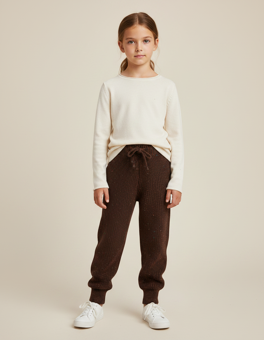 Pantalon Marron Tricoté Chiné Confortable Élastique Enfant - Maille