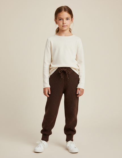 Pantalon Marron Tricoté Chiné Confortable Élastique Enfant - Maille