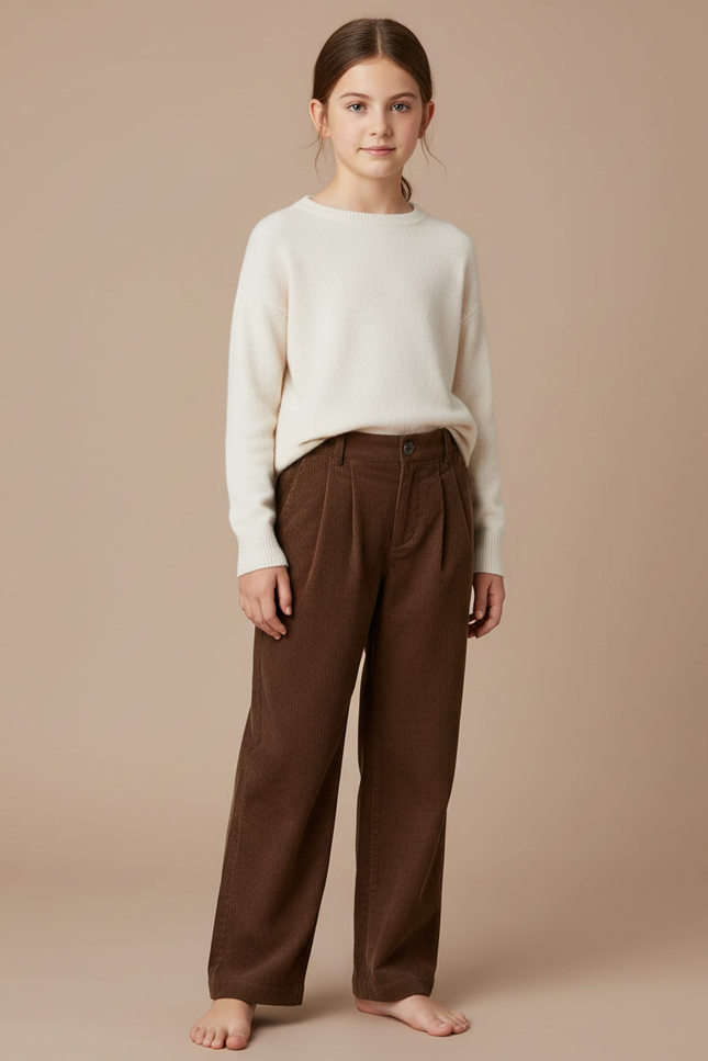 Pantalon Marron Côtelé Ample Plissé Enfant Fille - Cordé