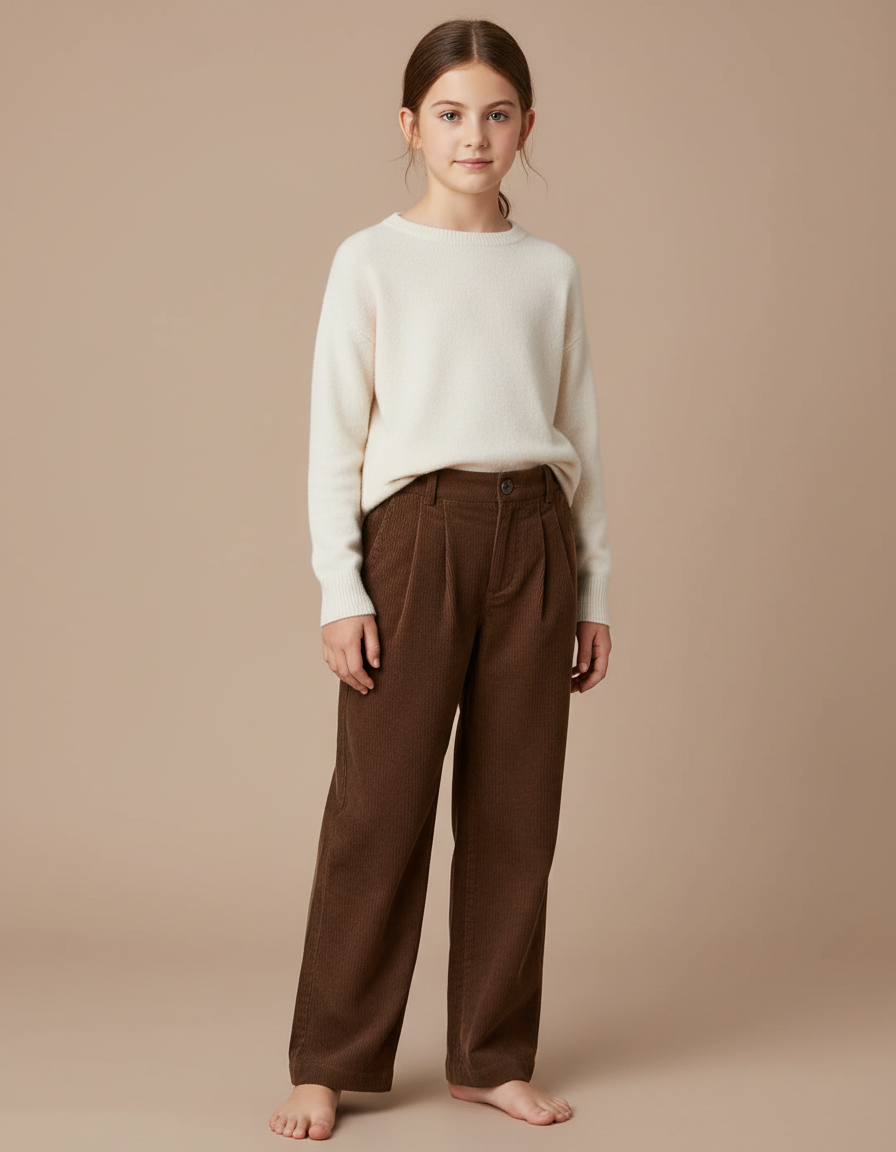 Pantalon Marron Côtelé Ample Plissé Enfant Fille - Cordé