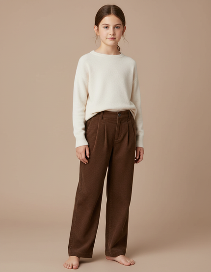 Pantalon Marron Côtelé Ample Plissé Enfant Fille - Cordé