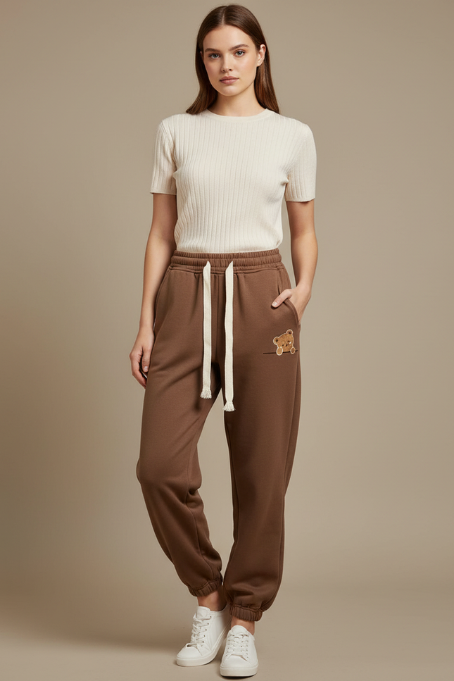 Pantalon Marron Ample Décontracté Ours Cordon Sport - Molleton