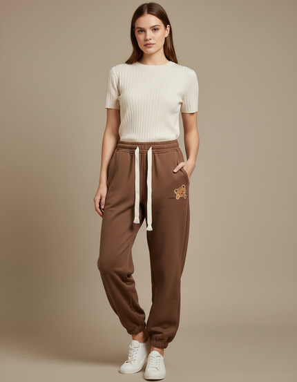 Pantalon Marron Ample Décontracté Ours Cordon Sport - Molleton