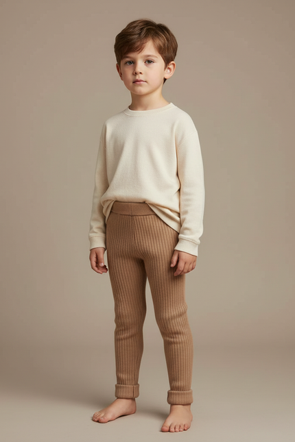 Pantalon Marron Tricoté Côtelé Élastique Confortable Enfant - Camel Maille