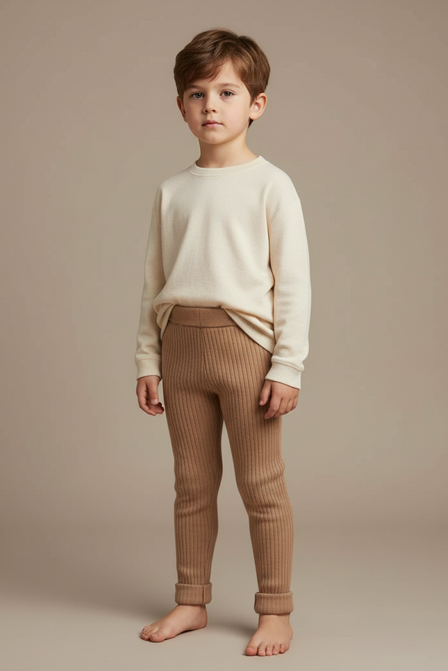 Pantalon Marron Tricoté Côtelé Élastique Confortable Enfant - Camel Maille