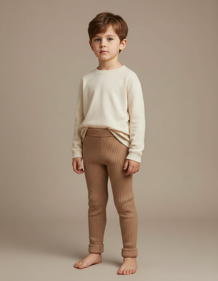 Pantalon Marron Tricoté Côtelé Élastique Confortable Enfant - Camel Maille