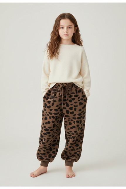 Pantalon Marron Léopard Molletonné Chaud Enfant