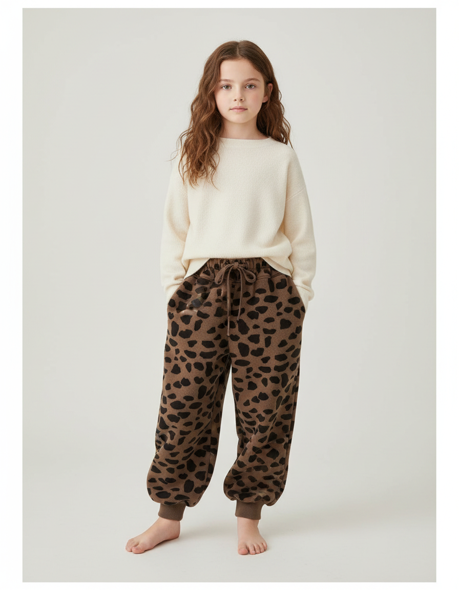 Pantalon Marron Léopard Molletonné Chaud Enfant