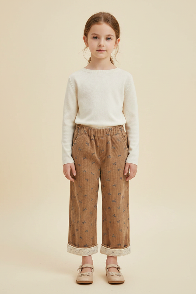 Pantalon Marron Velours Côtelé Imprimé Ample Doublé Enfant - Cordé