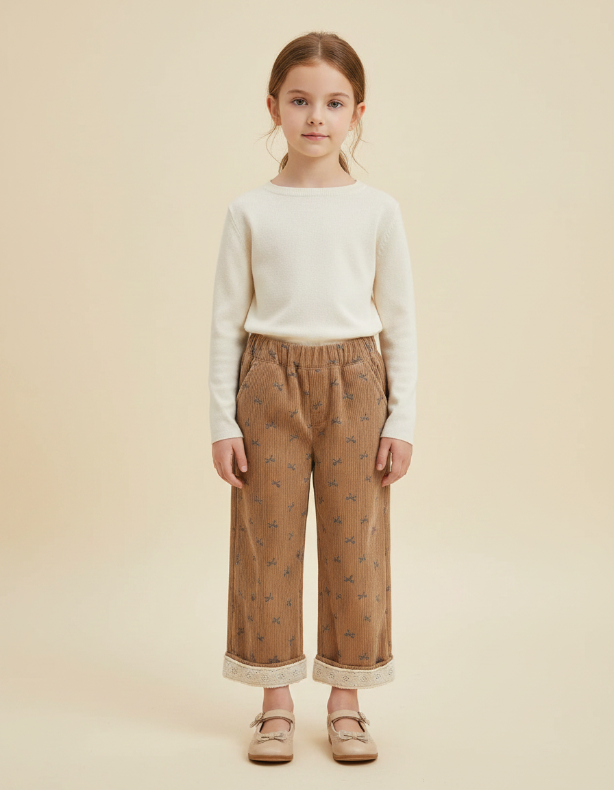 Pantalon Marron Velours Côtelé Imprimé Ample Doublé Enfant - Cordé