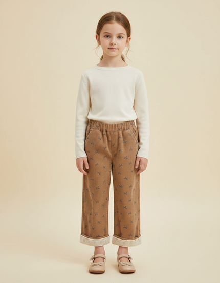 Pantalon Marron Velours Côtelé Imprimé Ample Doublé Enfant - Cordé