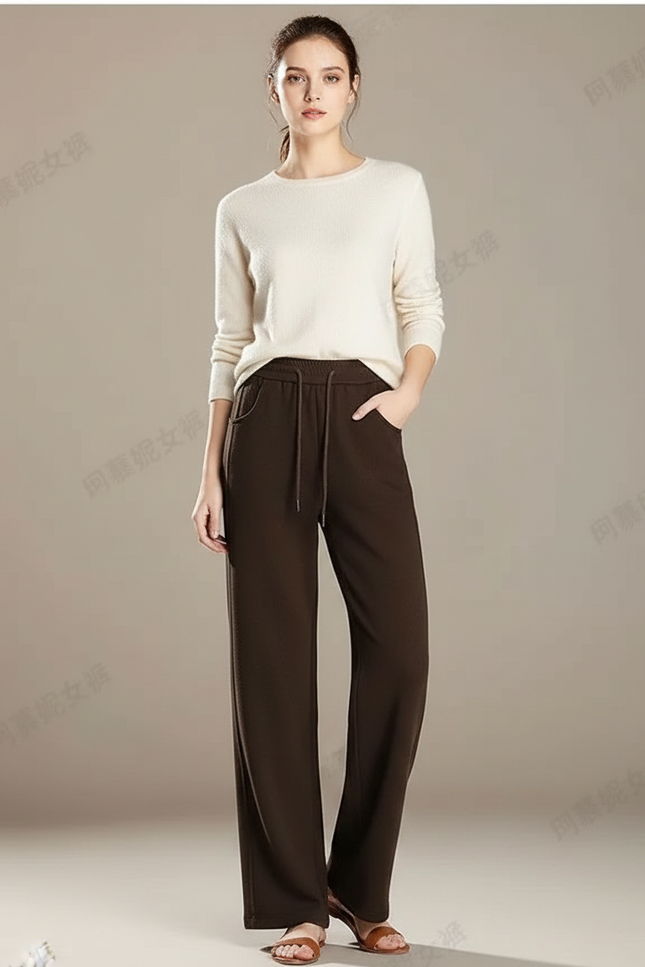 Pantalon Marron Ample Taille Haute Décontracté Droit - Maille