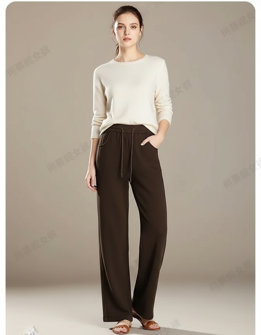 Pantalon Marron Ample Taille Haute Décontracté Droit - Maille