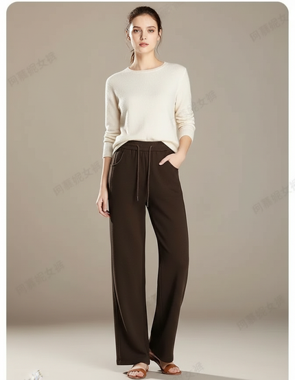Pantalon Marron Ample Taille Haute Décontracté Droit - Maille