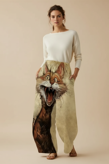 Pantalon Marron Ample Imprimé Chat Décontracté Élastique - Viscose