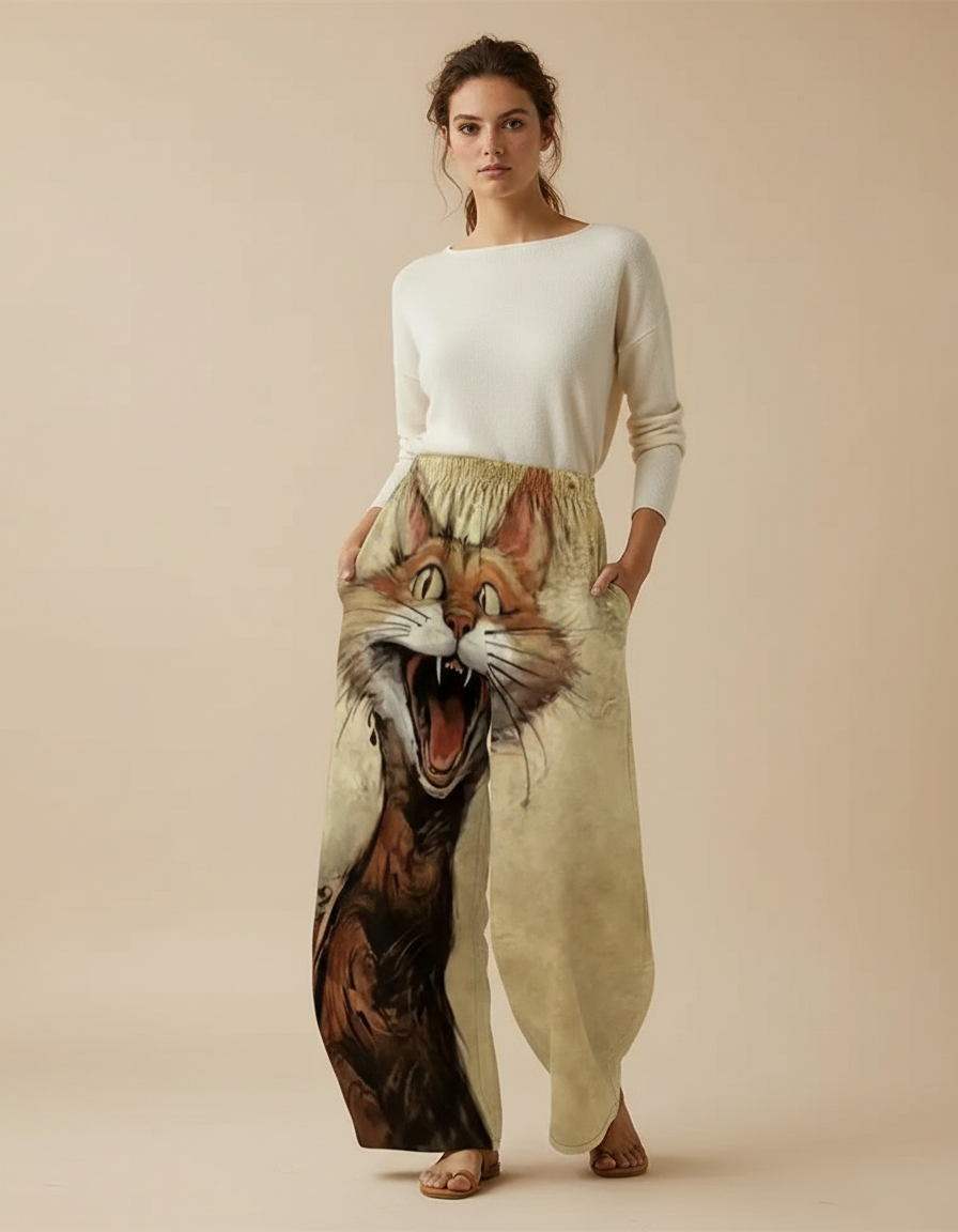 Pantalon Marron Ample Imprimé Chat Décontracté Élastique - Viscose