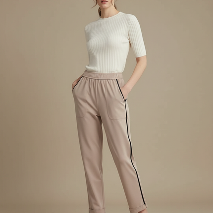 Pantalon Marron Coupe Droite Sport Chic Bande Latérale - Beige Polyester