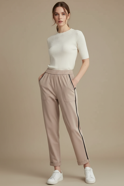 Pantalon Marron Coupe Droite Sport Chic Bande Latérale - Beige Polyester