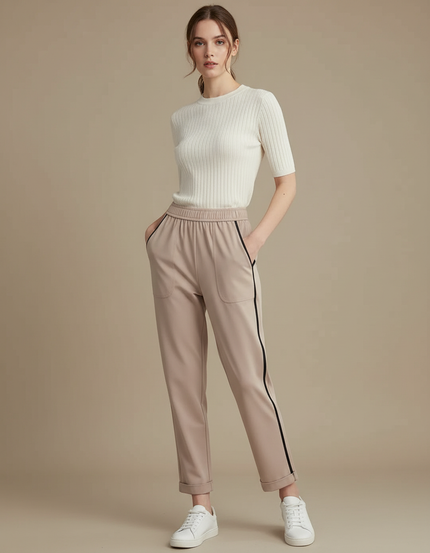 Pantalon Marron Coupe Droite Sport Chic Bande Latérale - Beige Polyester