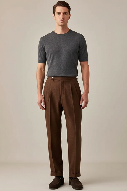 Pantalon Marron Plissé Laine Droit Élégant Hiver