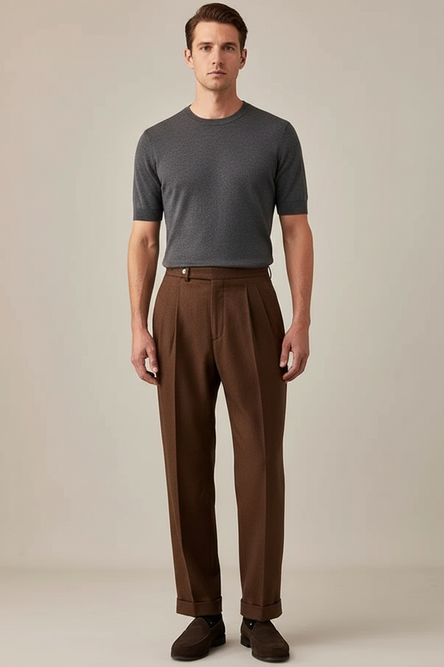 Pantalon Marron Plissé Laine Droit Élégant Hiver