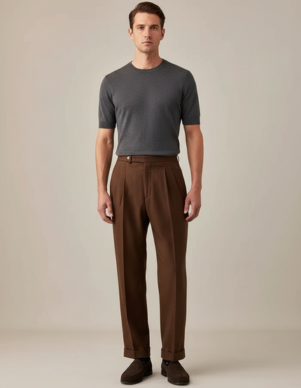 Pantalon Marron Plissé Laine Droit Élégant Hiver