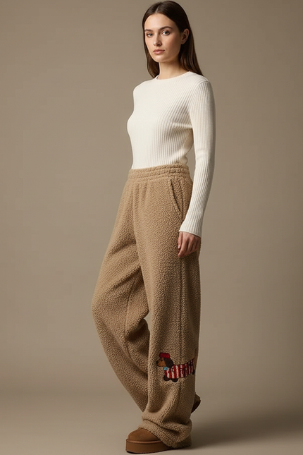 Pantalon Marron Polaire Ample Chien Brodé Confortable - Camel Molleton
