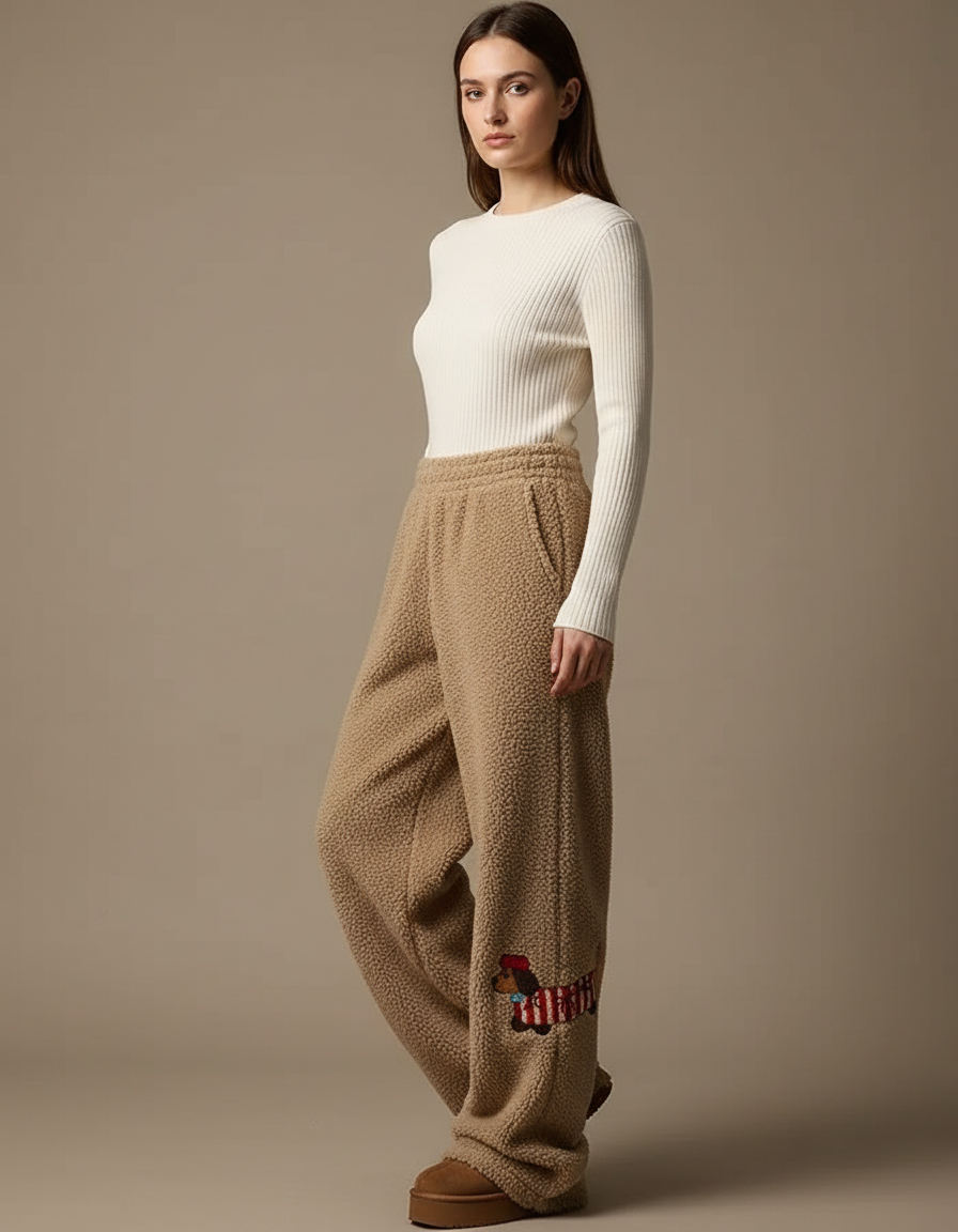 Pantalon Marron Polaire Ample Chien Brodé Confortable - Camel Molleton