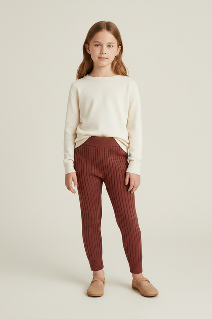 Pantalon Marron Côtelé Tricoté Confortable Élastique Enfant - Maille