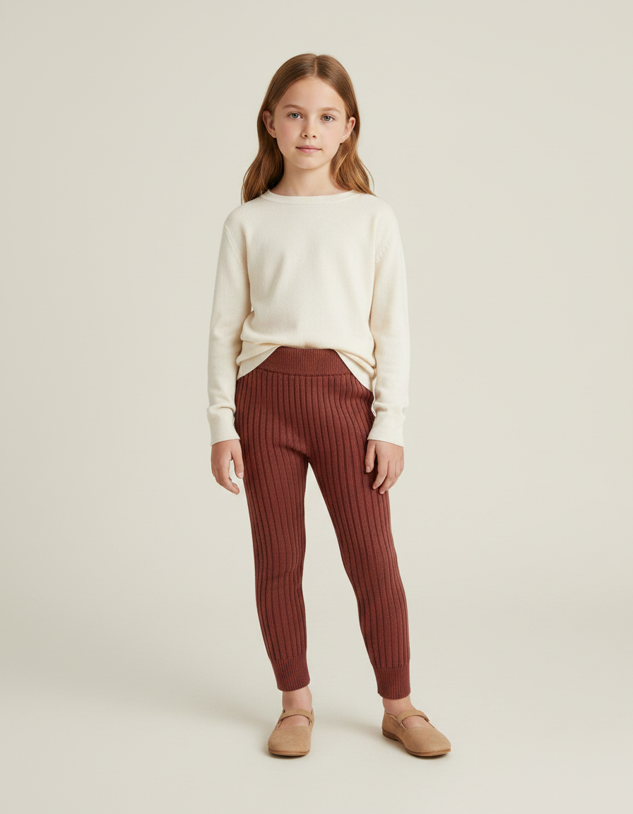 Pantalon Marron Côtelé Tricoté Confortable Élastique Enfant - Maille