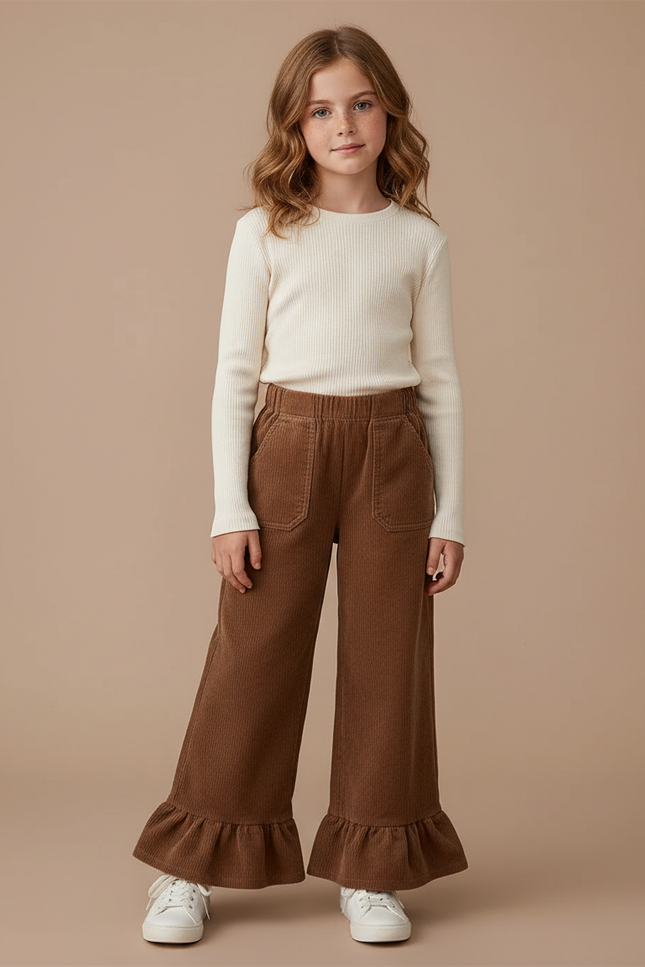 Pantalon Marron Côtelé Évasé Volants Confortable Fille - Cordé