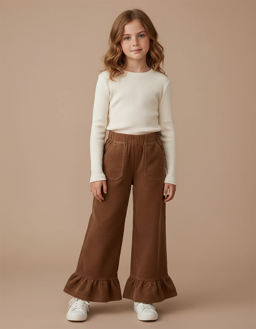 Pantalon Marron Côtelé Évasé Volants Confortable Fille - Cordé