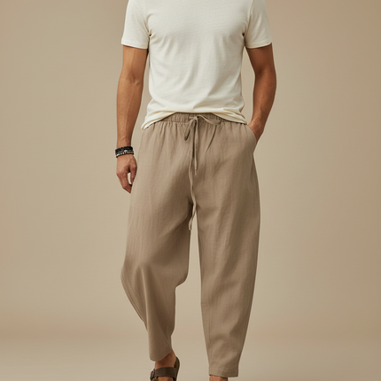 Pantalon Marron Lin Ample Homme Décontracté - Beige