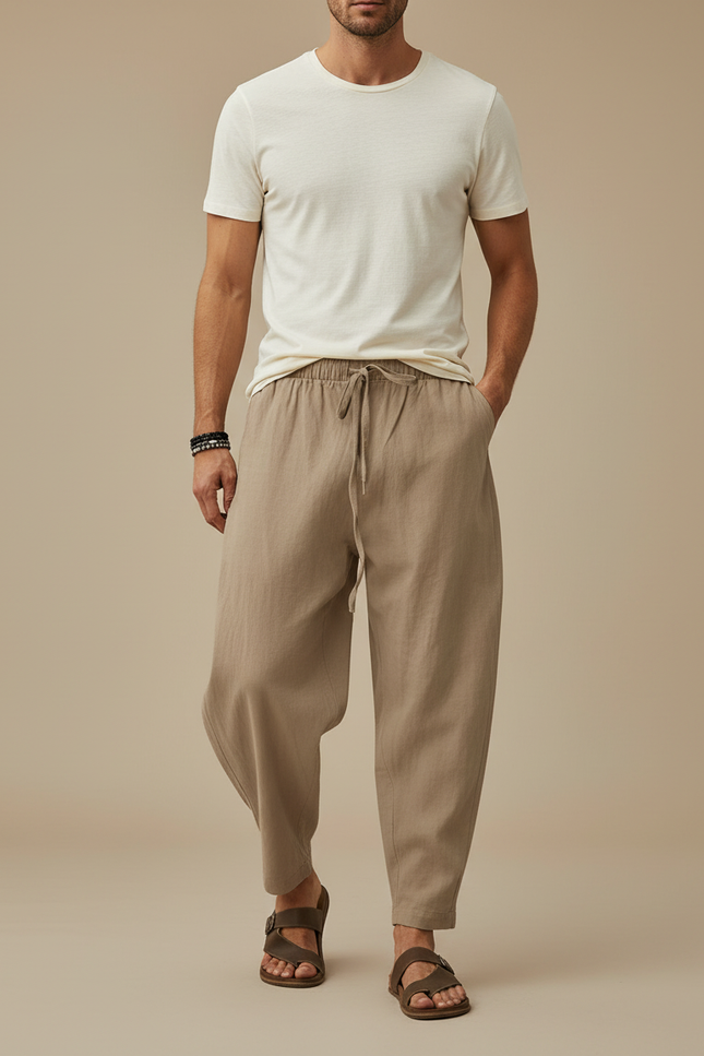 Pantalon Marron Lin Ample Homme Décontracté - Beige