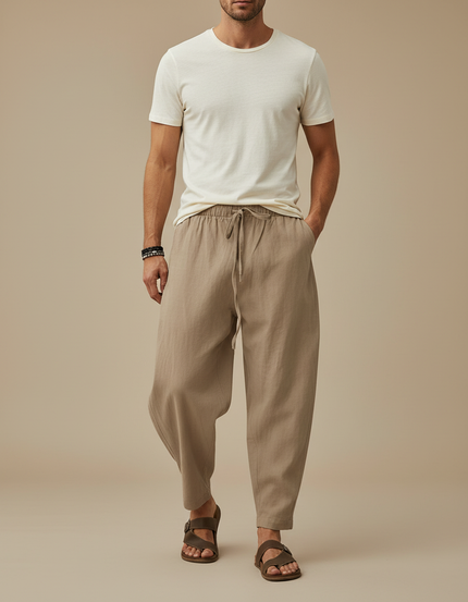 Pantalon Marron Lin Ample Homme Décontracté - Beige